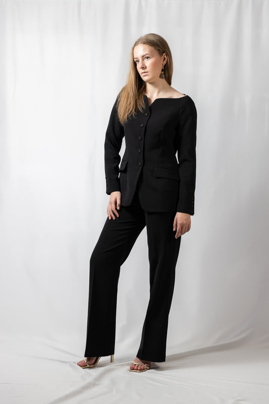 Black suit with structured jacket and trousers