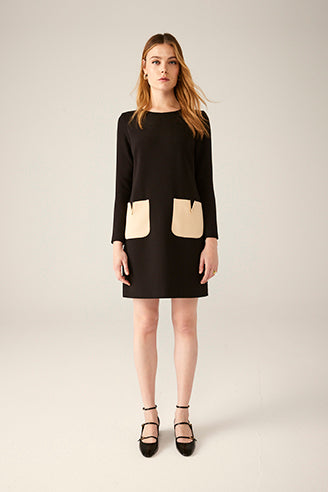 Black Short Dress with Cream Box Pockets